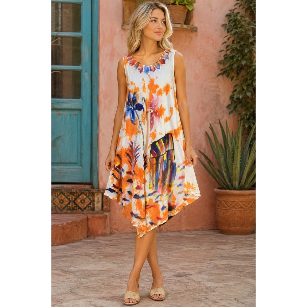 Zury Dress Womens OS Orange Tie Dye Floral Hand Painted Asymmetrical Rayon